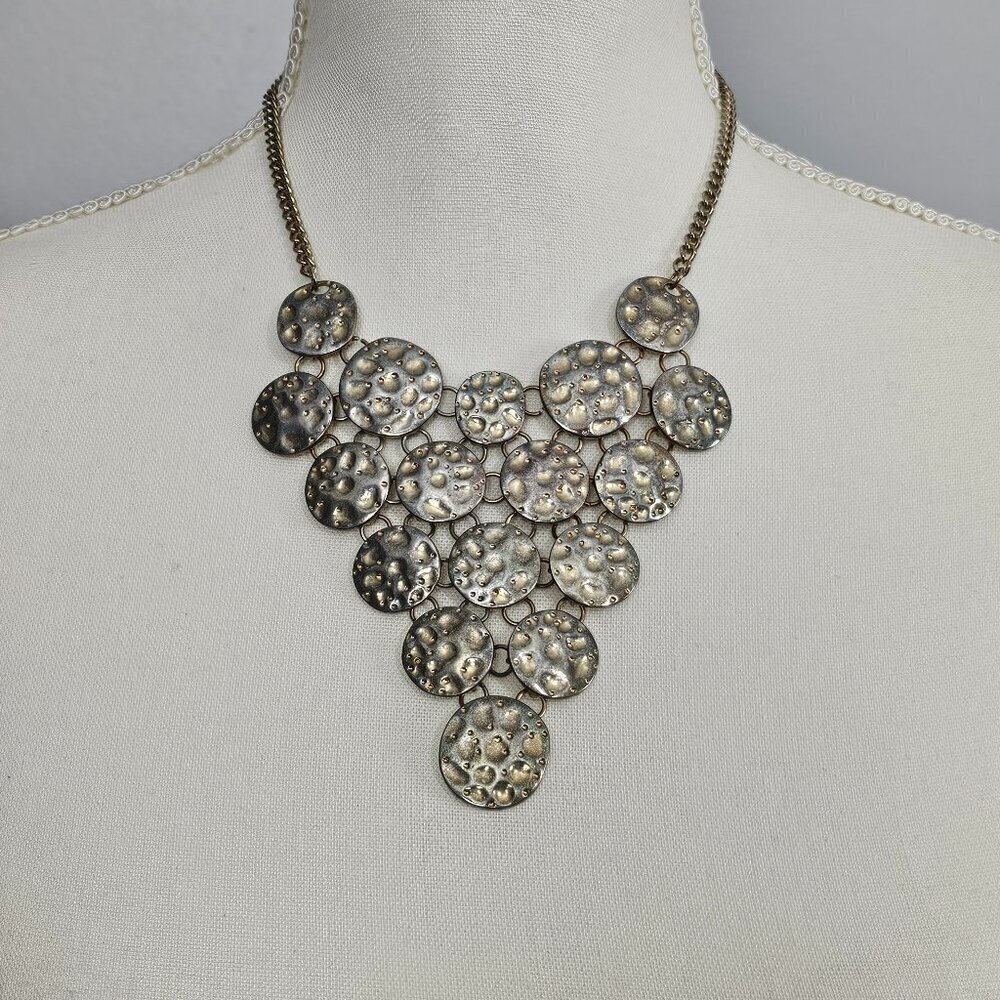 Vintage Gold Silver Tone Textured Multi Disk Cascading Statement Bib Necklace